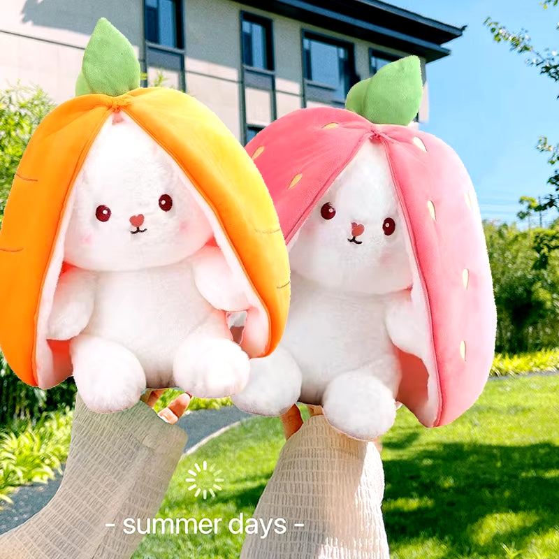 25Cm Cosplay Strawberry Carrot Rabbit Plush Toy Stuffed Creative Bag into Fruit Transform Baby Cuddly Bunny Plushie Doll for Kid