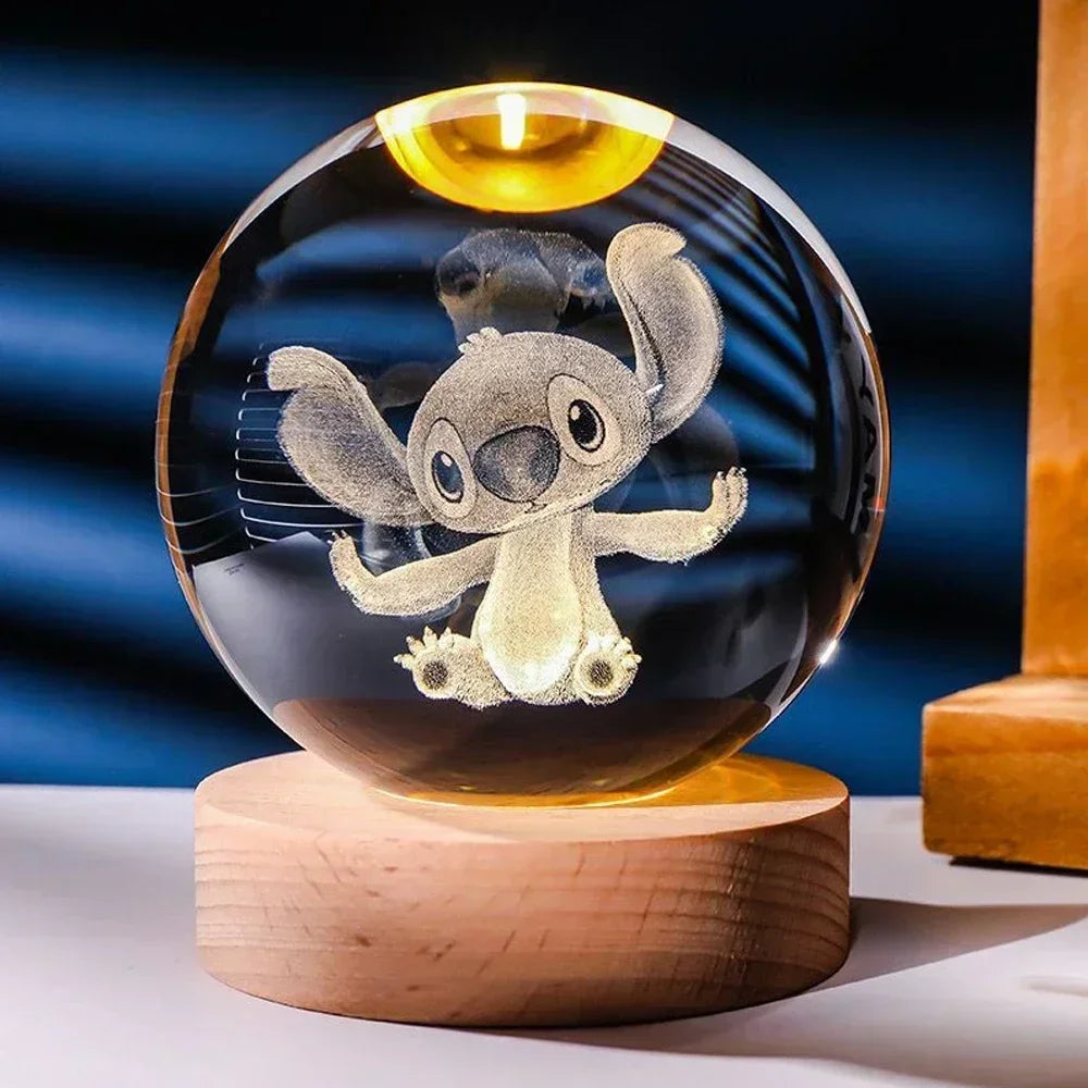 3D Lilo & Stitch Carved Crystal Ball Anime Mickey Disney Accessories Creative Crystal Planet Luminous Tabletop Ornament Gift