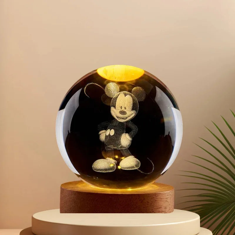 3D Lilo & Stitch Carved Crystal Ball Anime Mickey Disney Accessories Creative Crystal Planet Luminous Tabletop Ornament Gift