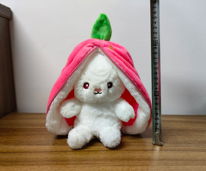 25Cm Cosplay Strawberry Carrot Rabbit Plush Toy Stuffed Creative Bag into Fruit Transform Baby Cuddly Bunny Plushie Doll for Kid