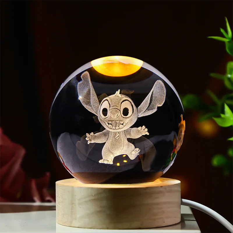 3D Lilo & Stitch Carved Crystal Ball Anime Mickey Disney Accessories Creative Crystal Planet Luminous Tabletop Ornament Gift