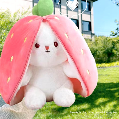 25Cm Cosplay Strawberry Carrot Rabbit Plush Toy Stuffed Creative Bag into Fruit Transform Baby Cuddly Bunny Plushie Doll for Kid