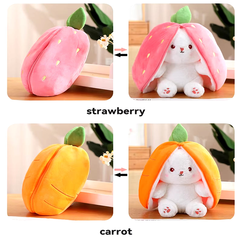 25Cm Cosplay Strawberry Carrot Rabbit Plush Toy Stuffed Creative Bag into Fruit Transform Baby Cuddly Bunny Plushie Doll for Kid